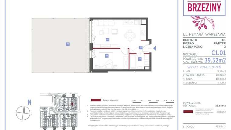 Rzut - Mieszkanie na sprzedaż 2 pokoje o powierzchni 39,52 m² - numer C1.01 w Miasteczko Brzeziny II