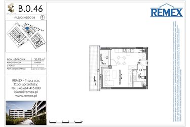 Rzut - Mieszkanie na sprzedaż 1 pokój o powierzchni 35,92 m² - numer B.0.46 w Osiedle BALTICA