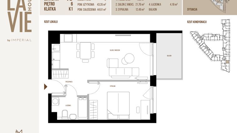 Rzut - Mieszkanie na sprzedaż 2 pokoje o powierzchni 43,35 m² - numer 48 w La Vie House