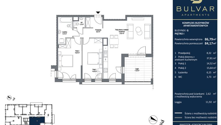 Rzut - Mieszkanie na sprzedaż 3 pokoje o powierzchni 87,03 m² - numer G.2.16 w Bulvar Apartments - etap I