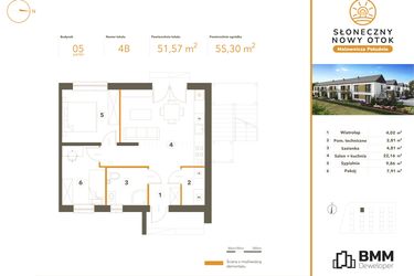 Rzut - Mieszkanie na sprzedaż 3 pokoje o powierzchni 51,57 m² - numer 4B w Słoneczny Nowy Otok - Malownicza Południe etap II