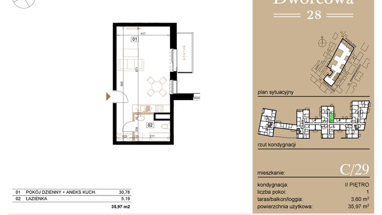 Rzut - Mieszkanie na sprzedaż 1 pokój o powierzchni 36,23 m² - numer C29 w Dworcowa 28