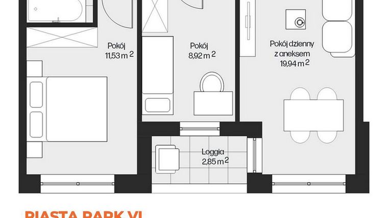 Rzut - Mieszkanie na sprzedaż 3 pokoje o powierzchni 49,63 m² - numer G1-56 w Piasta Park VI