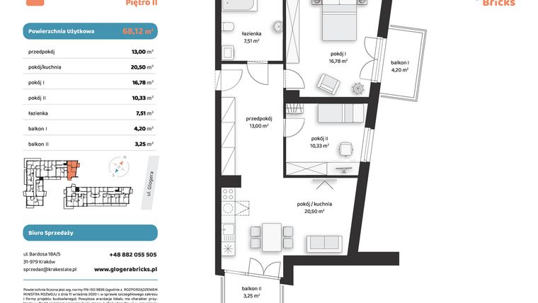 Rzut - Mieszkanie na sprzedaż 3 pokoje o powierzchni 68,12 m² - numer M III.2.1 w Glogera Bricks
