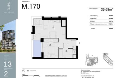 Rzut - Mieszkanie na sprzedaż 2 pokoje o powierzchni 35,68 m² - numer M170 w Sky Trust etap II