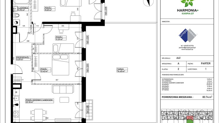 Rzut - Mieszkanie na sprzedaż 4 pokoje o powierzchni 80,74 m² - numer A41 w Harmonia + Karpia 27