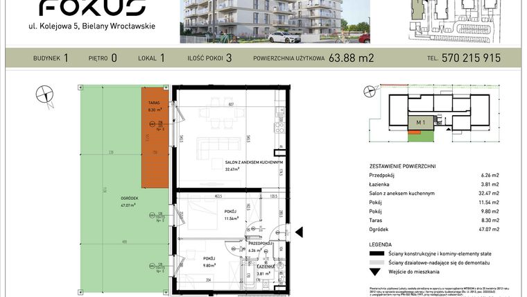 Rzut - Mieszkanie na sprzedaż 3 pokoje o powierzchni 63,88 m² - numer B1-1 w Fokus Bielany