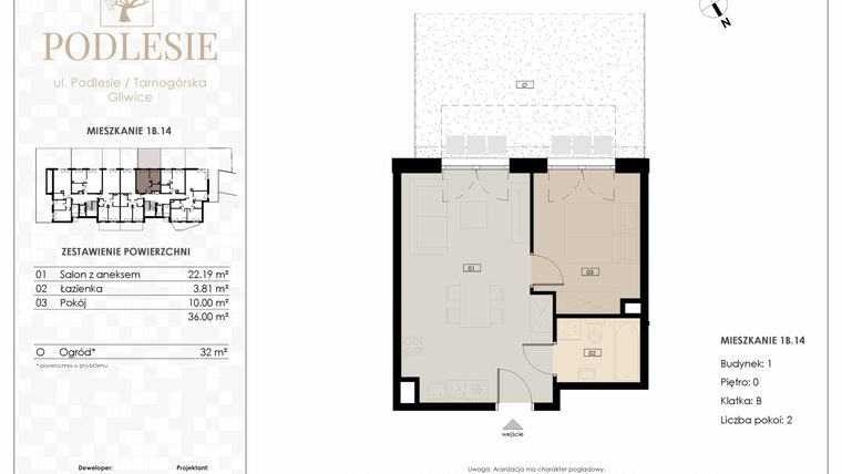 Rzut - Mieszkanie na sprzedaż 2 pokoje o powierzchni 36 m² - numer 1B.14 w Podlesie