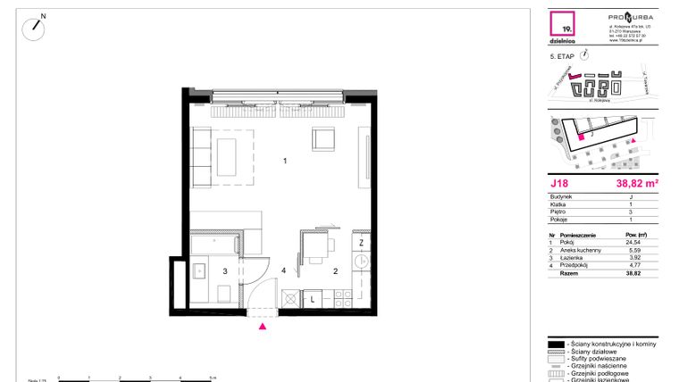 Rzut - Mieszkanie na sprzedaż 1 pokój o powierzchni 38,82 m² - numer J18 w 19. Dzielnica Etap V