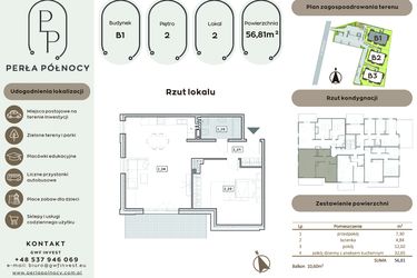 Rzut - Mieszkanie na sprzedaż 2 pokoje o powierzchni 56,81 m² - numer B1.2_2 w Perła Północy etap 2