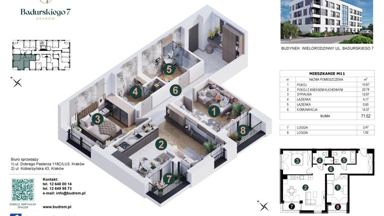 Rzut - Mieszkanie na sprzedaż 3 pokoje o powierzchni 71,62 m² - numer 11 w Badurskiego 7