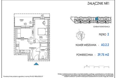 Rzut - Mieszkanie na sprzedaż 2 pokoje o powierzchni 39,73 m² - numer A3.2.2 w Apartamenty Nowe Miasto