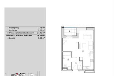 Rzut - Mieszkanie na sprzedaż 1 pokój o powierzchni 36,42 m² - numer H1-A-6-3 w Heyki City
