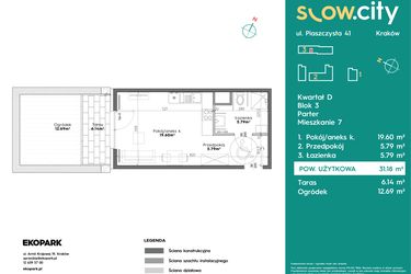 Rzut - Mieszkanie na sprzedaż 1 pokój o powierzchni 31,18 m² - numer D3-7 w Slow City etap D