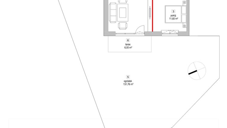 Rzut - Mieszkanie na sprzedaż 2 pokoje o powierzchni 44,74 m² - numer 6.1.2 w Osiedle Przyjemne III