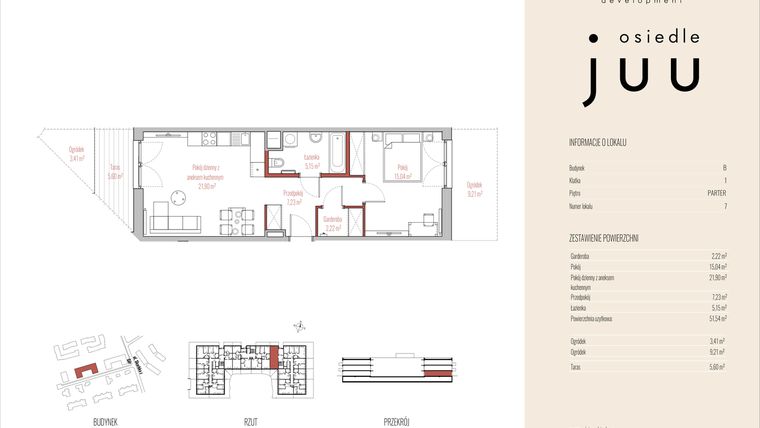 Rzut - Mieszkanie na sprzedaż 2 pokoje o powierzchni 51,54 m² - numer B.M007 w Osiedle Juu