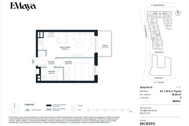 Rzut - Mieszkanie na sprzedaż 2 pokoje o powierzchni 36,02 m² - numer B1.1.M14 w EMaya