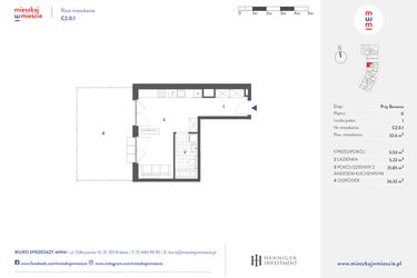 Rzut - Mieszkanie na sprzedaż 1 pokój o powierzchni 32,69 m² - numer C2.0.1 w Mieszkaj w mieście - przy Bonarce