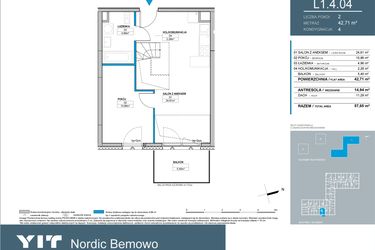 Rzut - Mieszkanie na sprzedaż 3 pokoje o powierzchni 57,32 m² - numer L1.4.04 w Nordic Bemowo - etap III