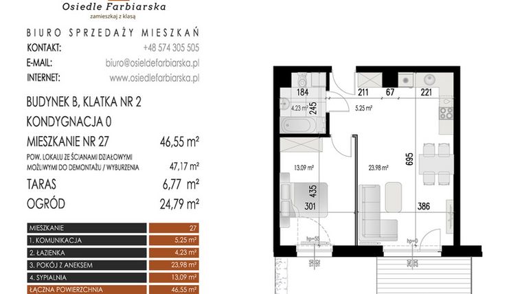 Rzut - Mieszkanie na sprzedaż 2 pokoje o powierzchni 46,55 m² - numer 27B w Osiedle Farbiarska II