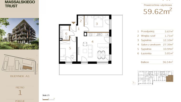 Rzut - Mieszkanie na sprzedaż 3 pokoje o powierzchni 59,62 m² - numer M7 w Massalskiego Trust