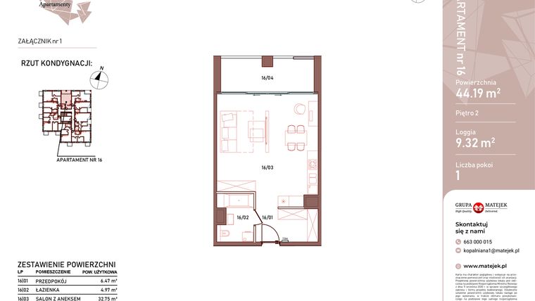 Rzut - Mieszkanie na sprzedaż 1 pokój o powierzchni 44,19 m² - numer 16 w Kopalniana