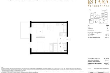 Rzut - Mieszkanie na sprzedaż 1 pokój o powierzchni 36,94 m² - numer 2.09 w Stara Farbiarnia