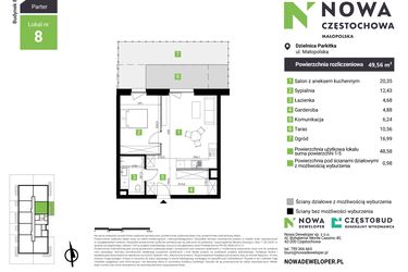 Rzut - Mieszkanie na sprzedaż 2 pokoje o powierzchni 49,56 m² - numer E8 w Nowa Częstochowa Małopolska etap II