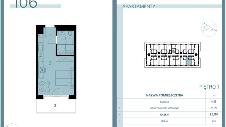 Rzut - Mieszkanie na sprzedaż 1 pokój o powierzchni 25,94 m² - numer 106 w Linea Mare Mrzeżyno