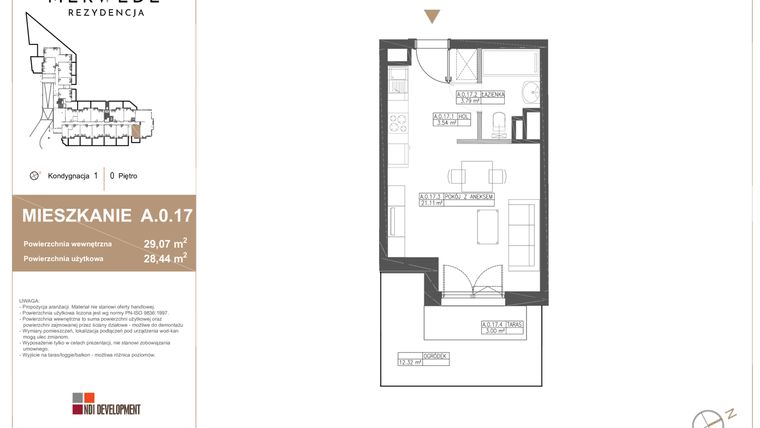 Rzut - Mieszkanie na sprzedaż 1 pokój o powierzchni 29,07 m² - numer A.0.17 w Rezydencja Merwede