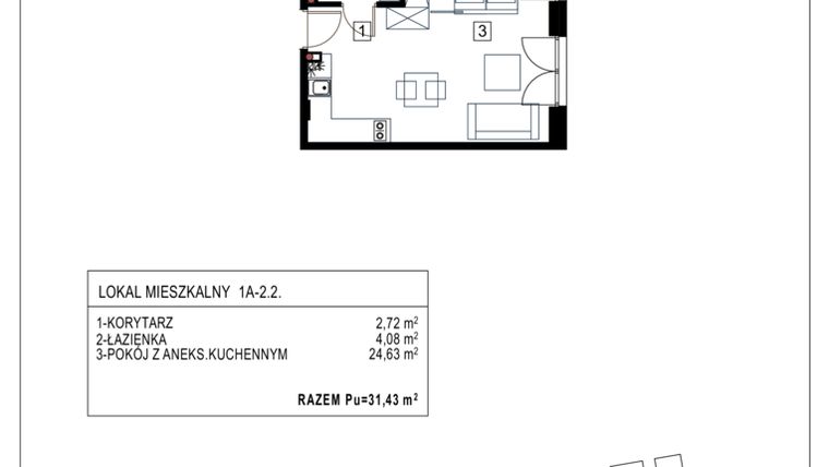 Rzut - Mieszkanie na sprzedaż 1 pokój o powierzchni 31,43 m² - numer 1A-2.2 w Gardenia Pogodno