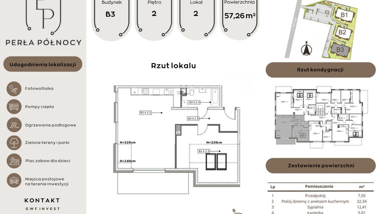 Rzut - Mieszkanie na sprzedaż 2 pokoje o powierzchni 57,26 m² - numer B3.2_2 w Perła Północy etap 2