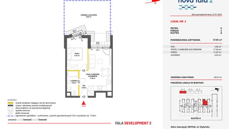 Rzut - Mieszkanie na sprzedaż 2 pokoje o powierzchni 37,05 m² - numer 2 w Miasteczko Nova Fala 2