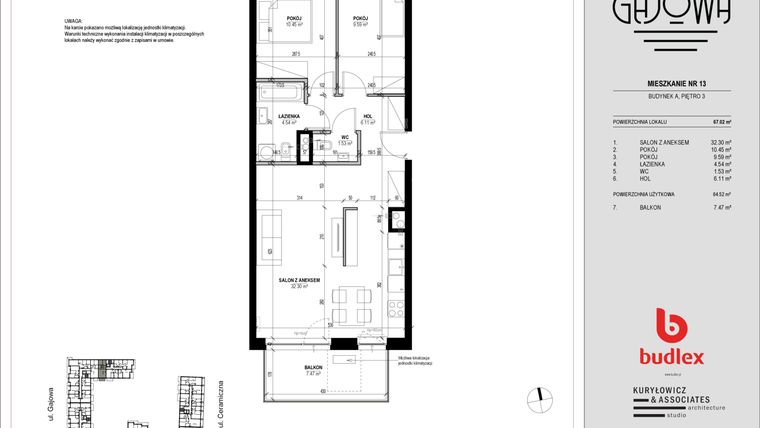 Rzut - Mieszkanie na sprzedaż 3 pokoje o powierzchni 66,22 m² - numer 13 w Gajowa bud. A