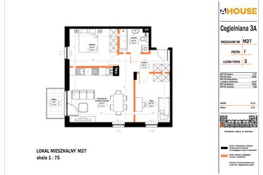 Rzut - Mieszkanie na sprzedaż 3 pokoje o powierzchni 61,17 m² - numer 27 w Osiedle StaLove etap II