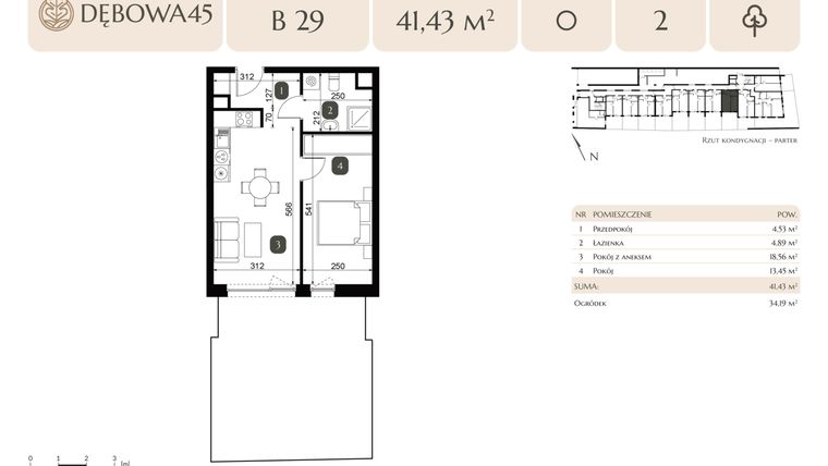 Rzut - Mieszkanie na sprzedaż 2 pokoje o powierzchni 41,43 m² - numer B.29 w Dębowa 45