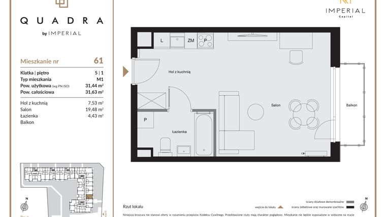 Rzut - Mieszkanie na sprzedaż 1 pokój o powierzchni 31,44 m² - numer 61 w QUADRA