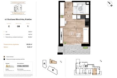 Rzut - Mieszkanie na sprzedaż 1 pokój o powierzchni 25,52 m² - numer C8 w Krzesławickie Tarasy