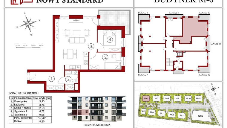 Rzut - Mieszkanie na sprzedaż 3 pokoje o powierzchni 62,45 m² - numer 6.10 w Nowy Standard - etap I