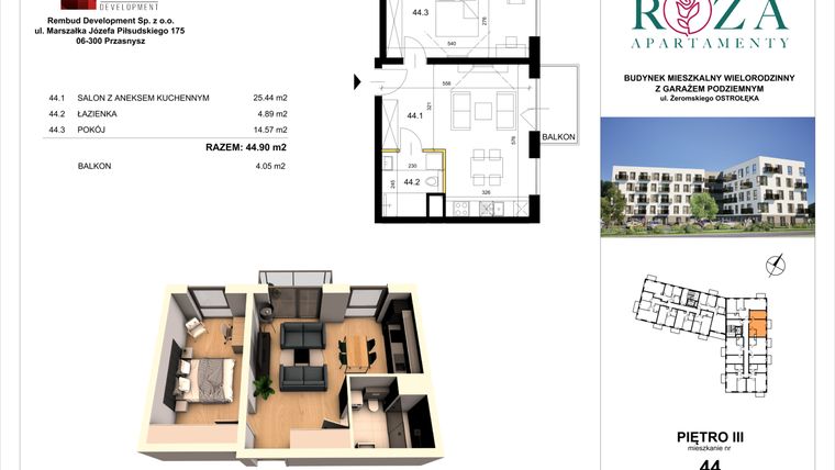 Rzut - Mieszkanie na sprzedaż 2 pokoje o powierzchni 44,9 m² - numer M  44 w Apartamenty Róża