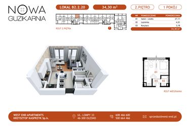 Rzut - Mieszkanie na sprzedaż 1 pokój o powierzchni 34,47 m² - numer B2.2.20 w Nowa Guzikarnia