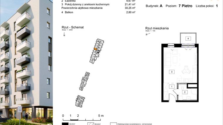 Rzut - Mieszkanie na sprzedaż 1 pokój o powierzchni 30,44 m² - numer A.106 w Osiedle Kochanowskiego - Gliwice