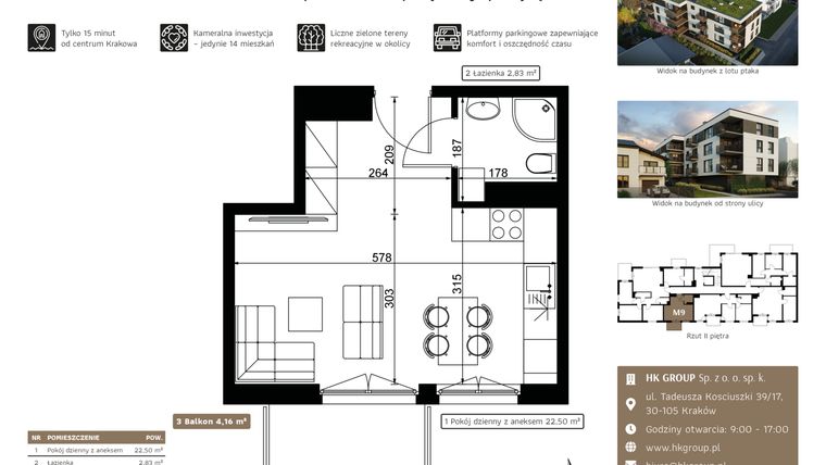 Rzut - Mieszkanie na sprzedaż 2 pokoje o powierzchni 25,33 m² - numer M9 w Dolnomłyńska 5
