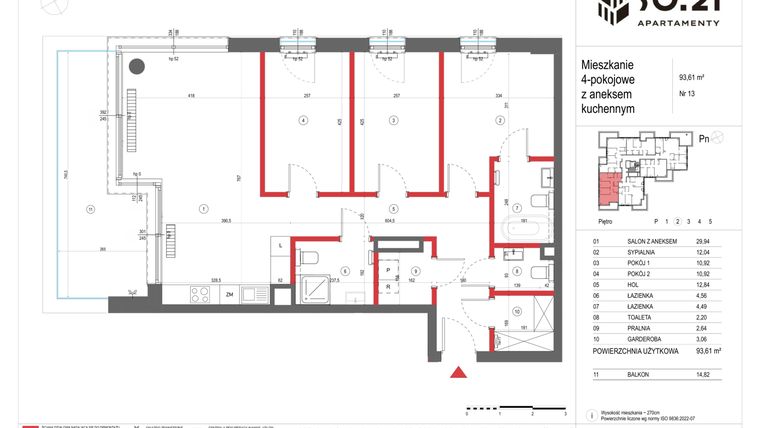 Rzut - Mieszkanie na sprzedaż 4 pokoje o powierzchni 93,53 m² - numer 13 w SO.21
