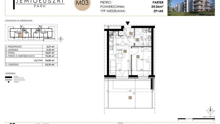 Rzut - Mieszkanie na sprzedaż 2 pokoje o powierzchni 34,06 m² - numer M03 w Jemiołuszki Park