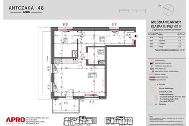 Rzut - Mieszkanie na sprzedaż 2 pokoje o powierzchni 49,3 m² - numer 37 w Antczaka 46