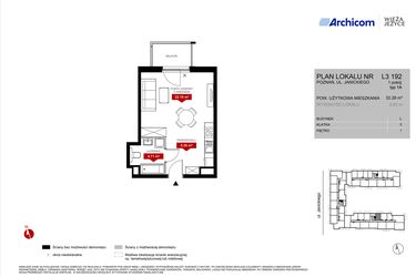 Rzut - Mieszkanie na sprzedaż 1 pokój o powierzchni 32,26 m² - numer L3.192 w Wieża Jeżyce etap VI