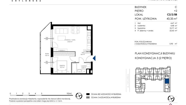 Rzut - Mieszkanie na sprzedaż 2 pokoje o powierzchni 43,35 m² - numer C2/2/08 w Chylońska STO10 etap III