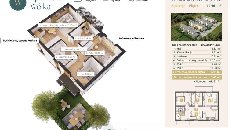 Rzut - Mieszkanie na sprzedaż 3 pokoje o powierzchni 57,66 m² - numer C3/2 w Spokojna Wólka etap IV
