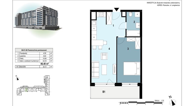 Rzut - Mieszkanie na sprzedaż 2 pokoje o powierzchni 46,4 m² - numer 08.K1.06 w Langiewicza 37